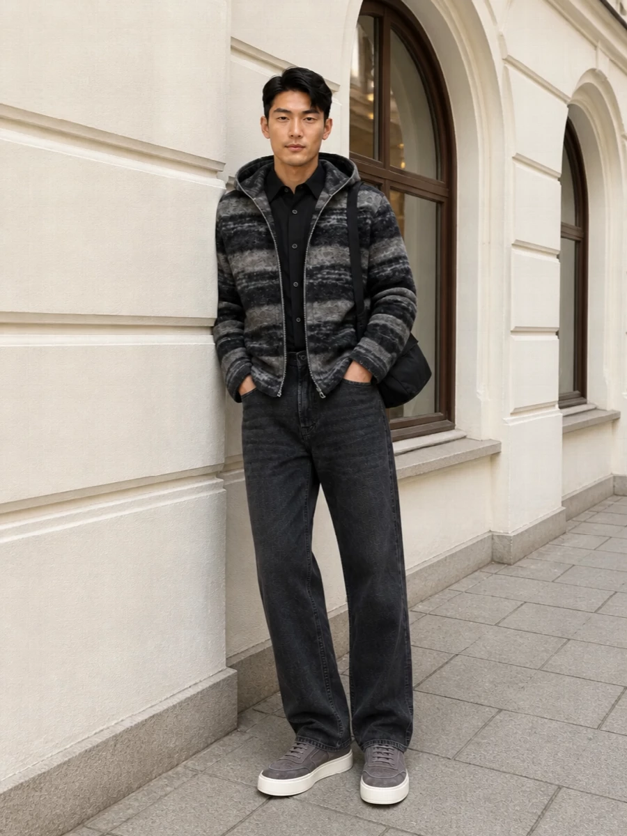 Our legacy coat black shirt grey sneakers outfit