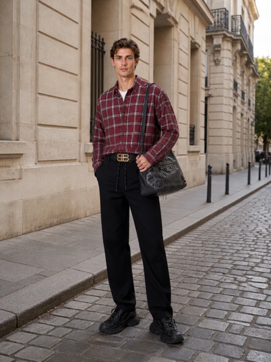 Burgundy plaid sits over crisp black drawstring tailoring for a grunge-influenced Balenciaga uniform that still feels considered. All-black technical runners and a crinkled charcoal shoulder bag keep the energy dark, graphic and grounded. A sculptural logo belt is the only metal note, giving just enough flash without diluting the mood.