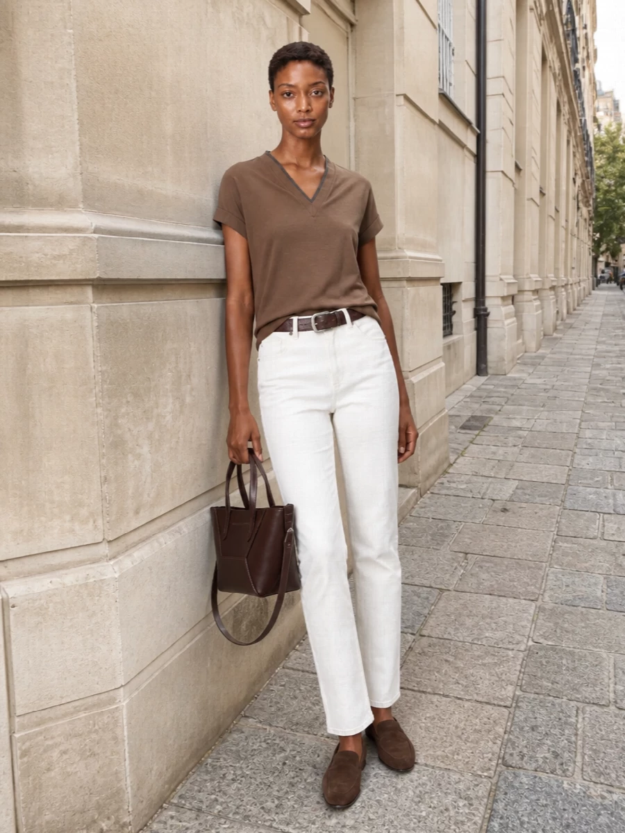 Brunello cucinelli tobacco tee ivory trousers