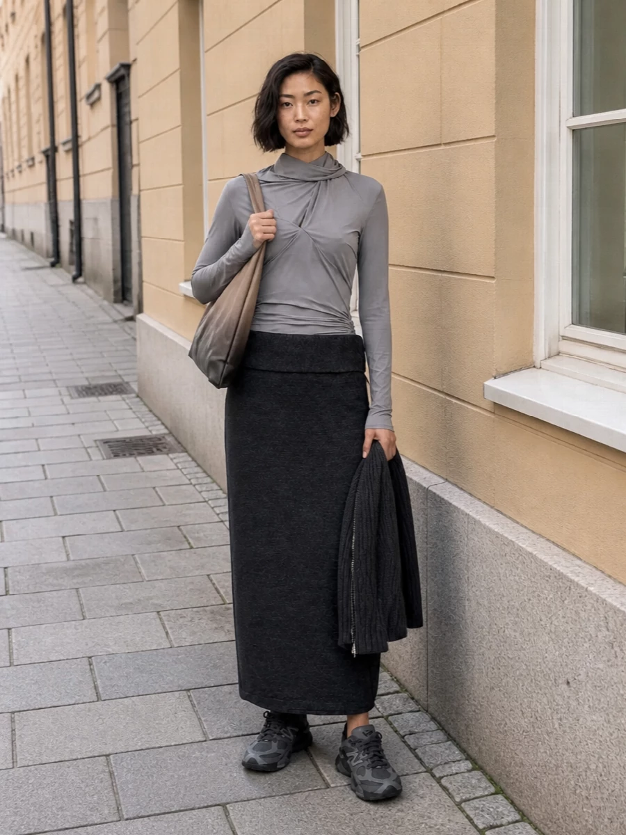 Charcoal greys and soft taupes keep this Entire Studios set firmly in the minimalist streetwear space, with the ruched mock-neck tracing a clean line into the column skirt. Chunky grey runners ground the proportions, while the sculptural Mm6 tote and zipped knit tube add quiet, utilitarian interest. It is a relaxed winter uniform that feels thought-through without losing that off-duty ease.