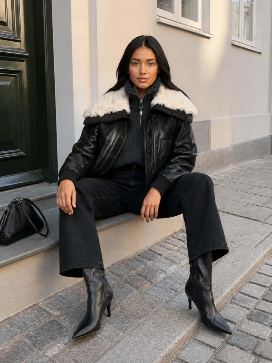 Attico shearling bomber black wide leg jeans