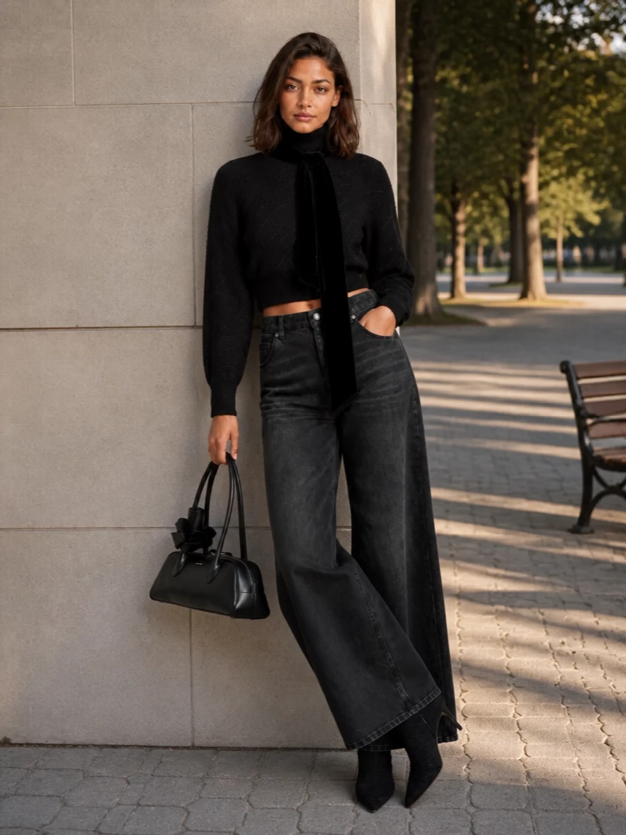 A cropped, crystal-script turtleneck meets high-rise, sweeping black denim for a romantic Y2K take on night-out dressing that still feels quietly polished. Pointed sock boots keep the line razor sharp, while the velvet scarf and sculptural black shoulder bag add just enough drama through texture and detail. The result is an all-black silhouette that leans into movement and shine rather than overt volume or color.