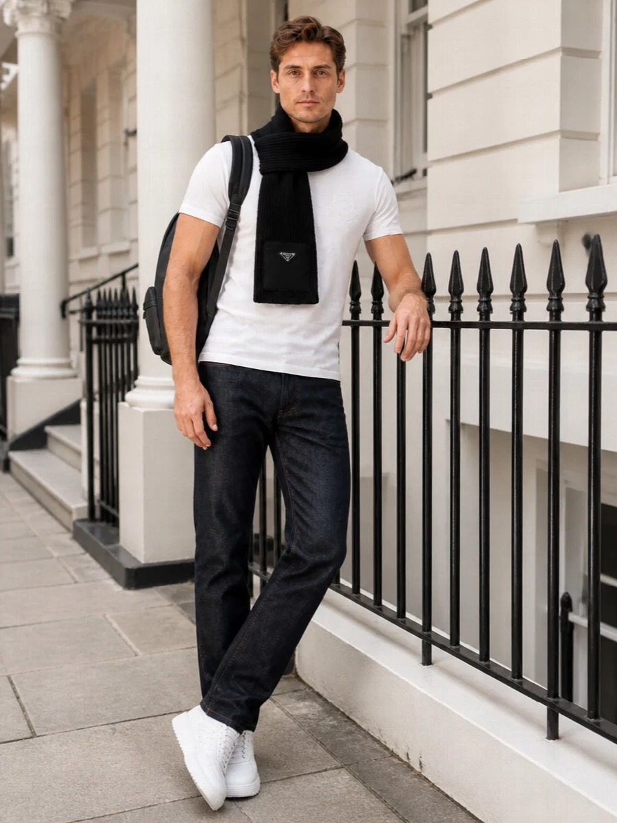 Moncler white tshirt dark denim sneakers