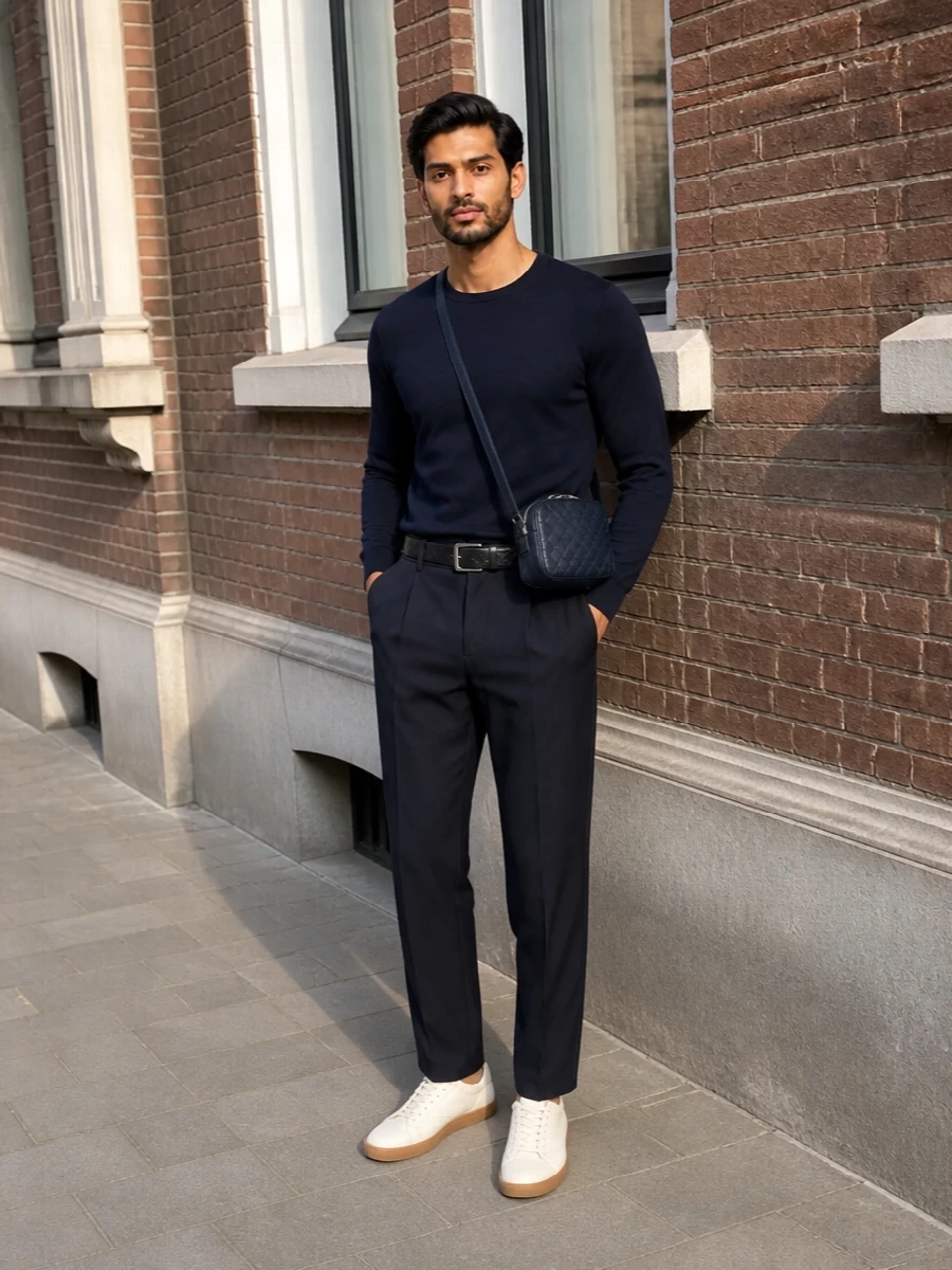 The navy crewneck sits over matching deep-navy pleated trousers for a tonal, elongated line that feels precise yet relaxed. Cream leather sneakers introduce a light, modern contrast, while the intrecciato navy crossbody and quilted black belt quietly underscore the focus on texture and craftsmanship. It’s a clean, quietly assured uniform for SS days when you want to look polished without appearing dressed up.