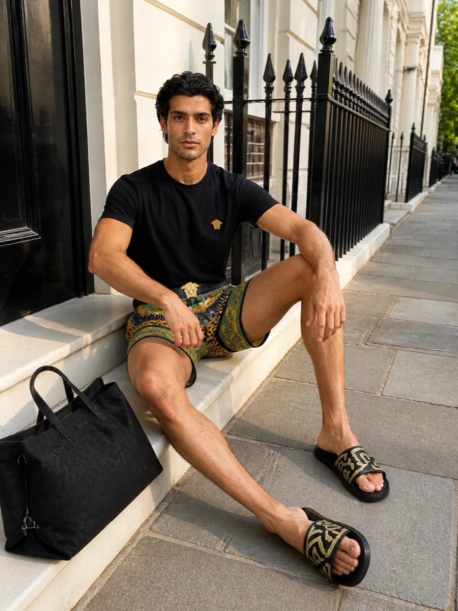 Versace baroque swim shorts black tee slides