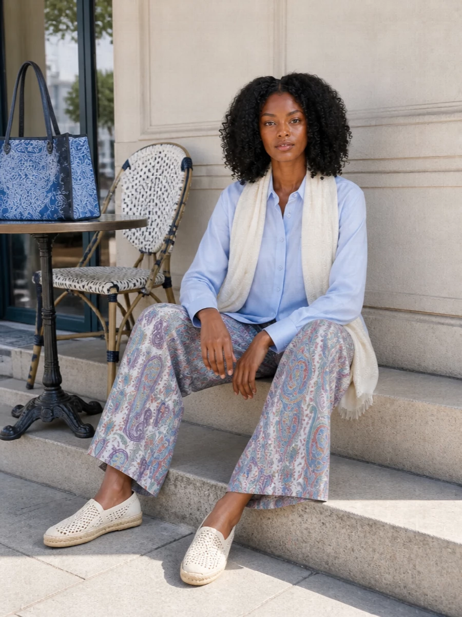 Soft blues and ivories keep this Etro pairing serene, letting the paisley trouser feel fluid and romantic rather than busy. The relaxed shirt and woven espadrilles lean into an easy, bohemian mood, while the structured denim-toned tote and tonal stole add just enough polish for long, warm days in the city or by the coast. It is an unfussy, print-on-print combination that prioritises lightness, movement and quiet colour harmony.