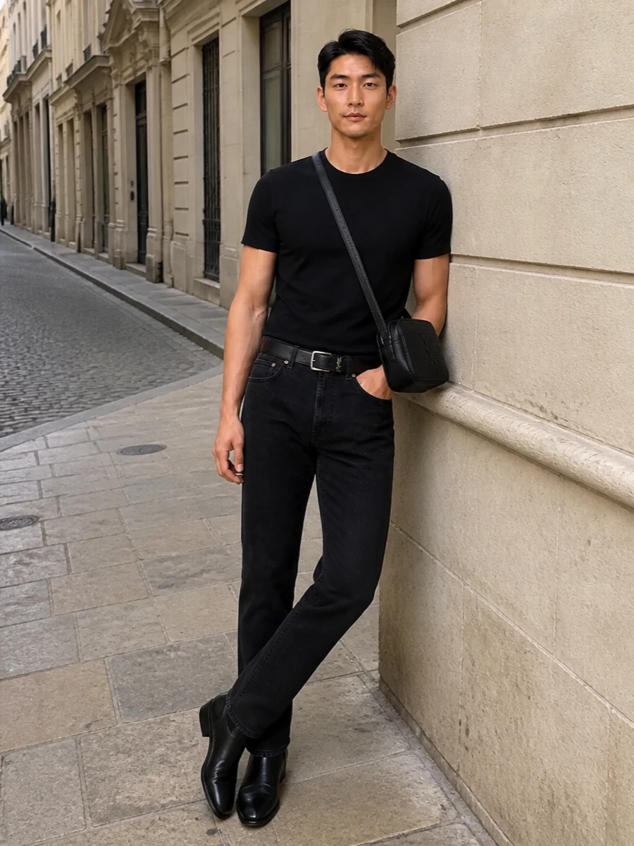 Saint laurent black tee denim outfit