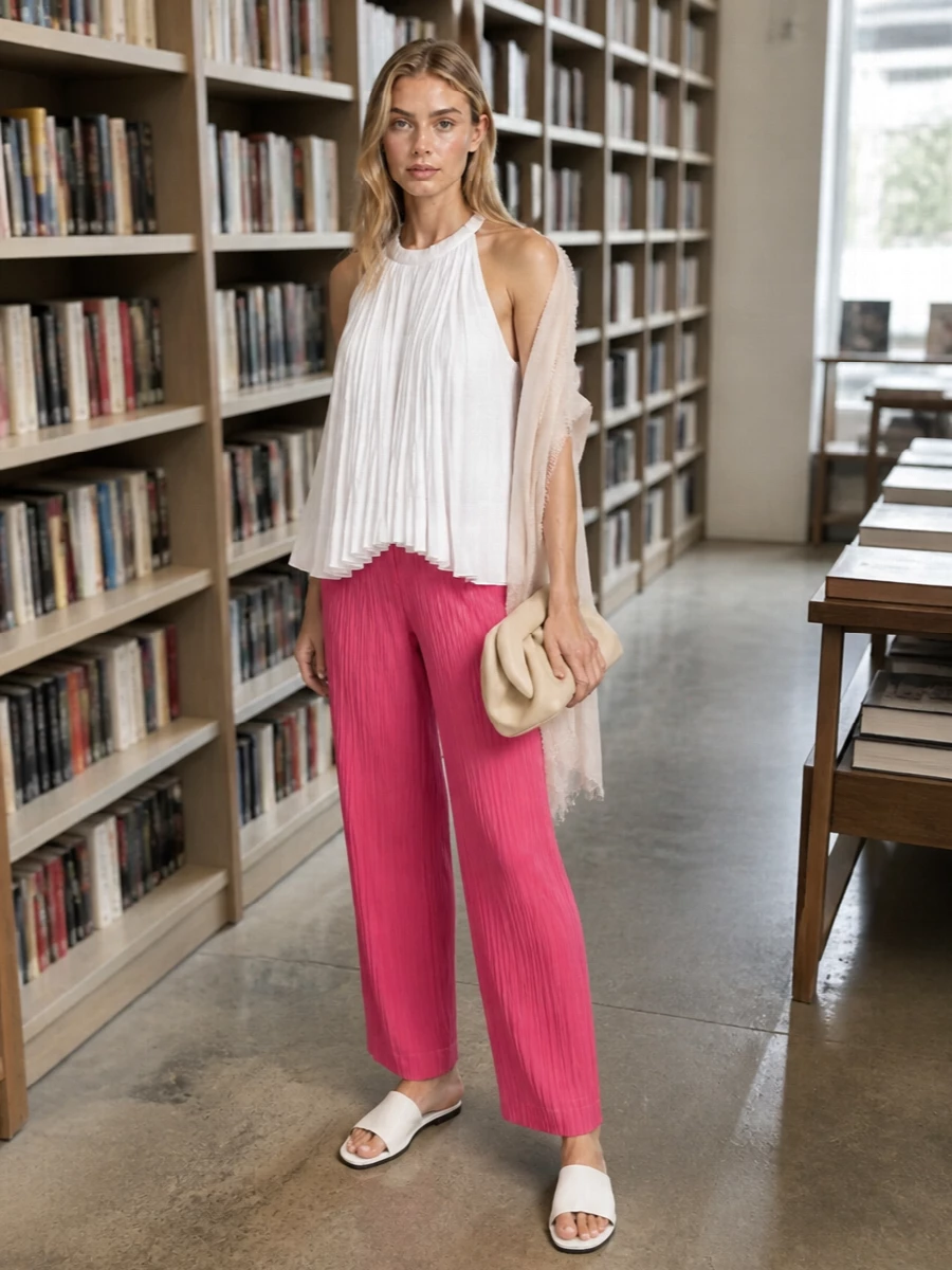 Vivid rose pleats are grounded with a sculptural white draped top for a clean, artful pairing that feels both relaxed and refined. Neutral slides and a creamy pleated clutch keep the focus on color and texture, while a sheer blush scarf adds just enough softness without diluting the minimalist line.