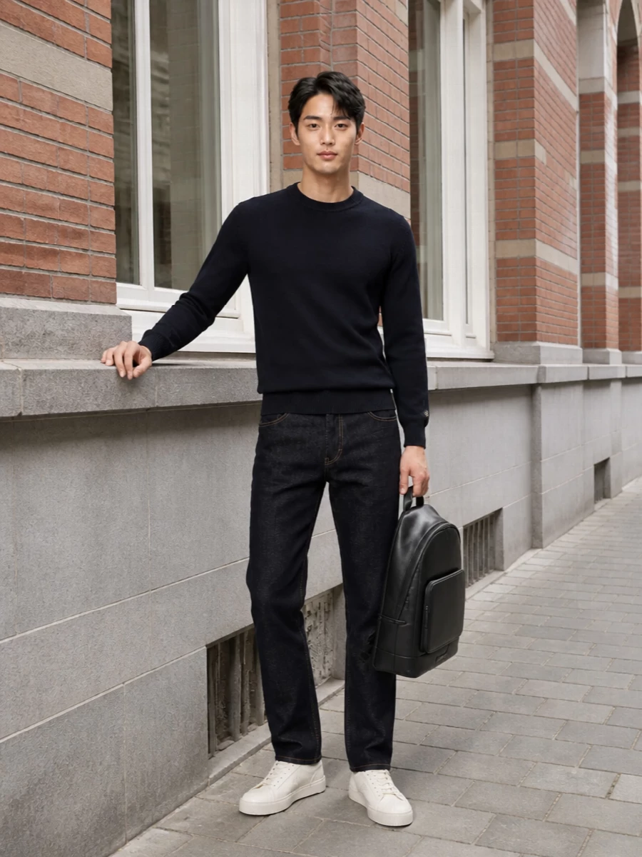 Deep navy knit with dark indigo denim creates a low-contrast, quietly sharp base that feels intentional without reading fussy. Off-white sneakers and a structured black backpack keep everything streamlined and practical, reinforcing a minimalist, street-led mood suitable from commute to casual dinner. The result is a clean, modern uniform that lets texture and proportion speak louder than branding.