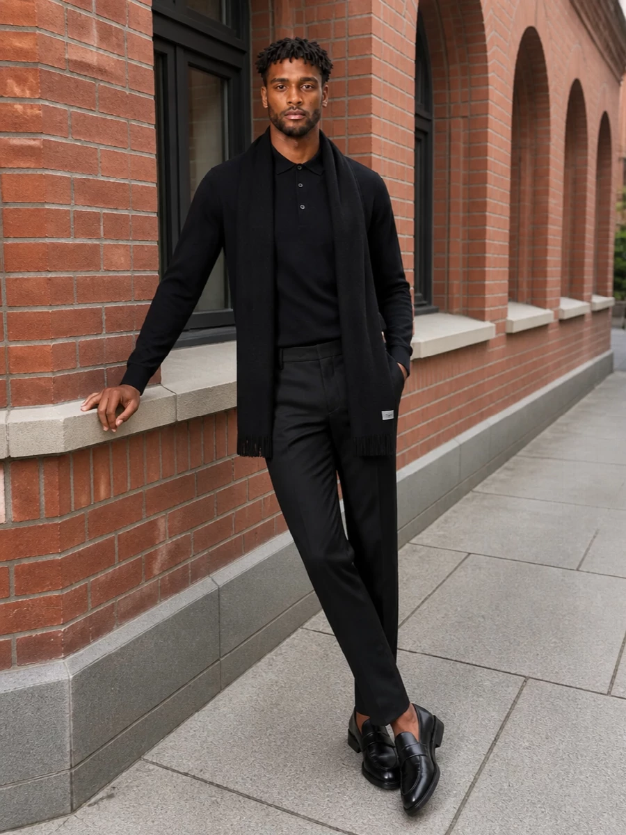 A deep-black knit polo is paired with razor-clean tailored trousers for a monochrome take on smart city dressing. High-shine penny loafers keep the line refined rather than formal, while a structured tote and discreet black scarf add architectural polish without disturbing the calm palette. It is a quietly confident uniform for office days that end in late dinners.