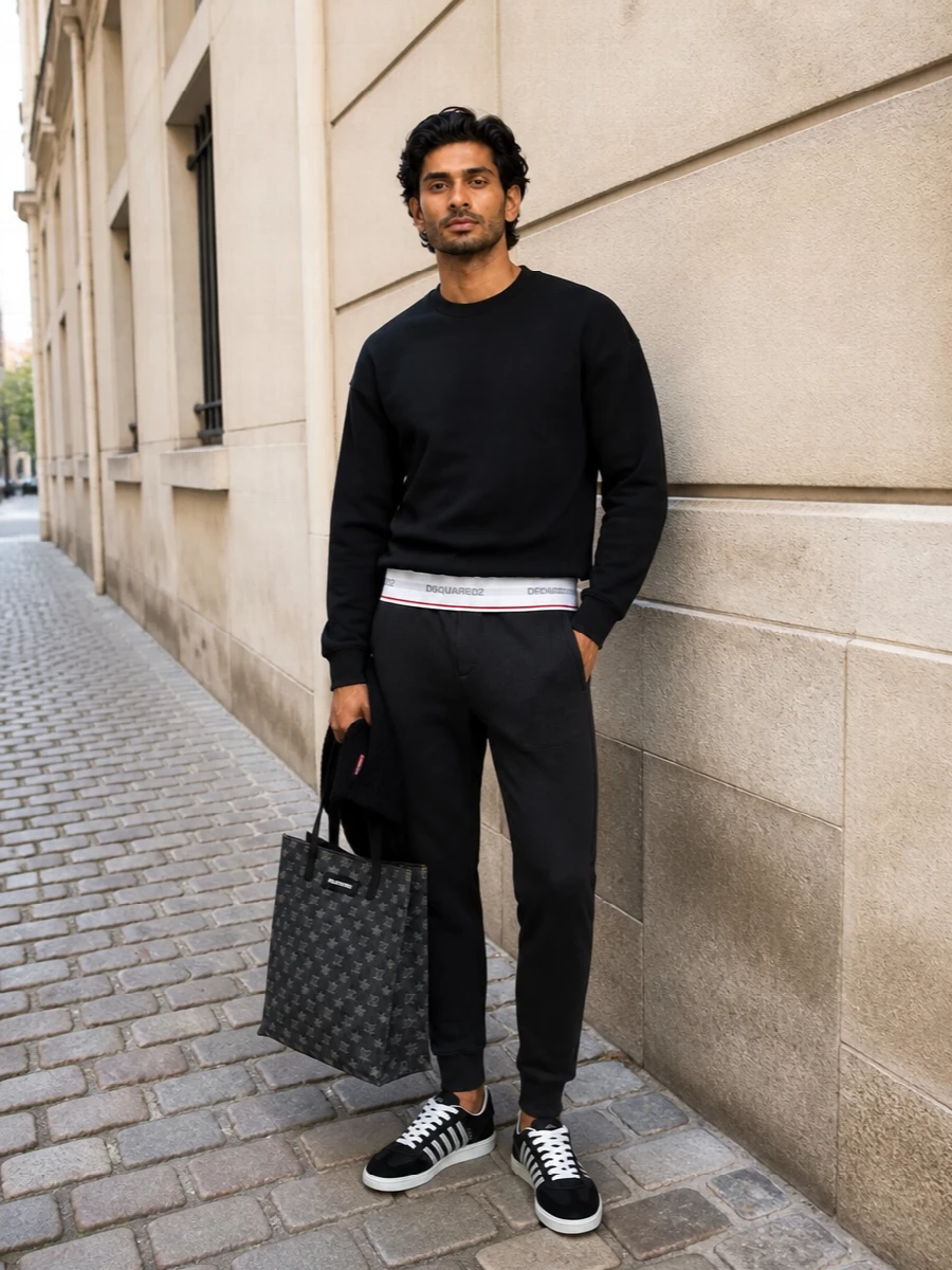Dsquared2 black sweatshirt joggers sneakers outfit