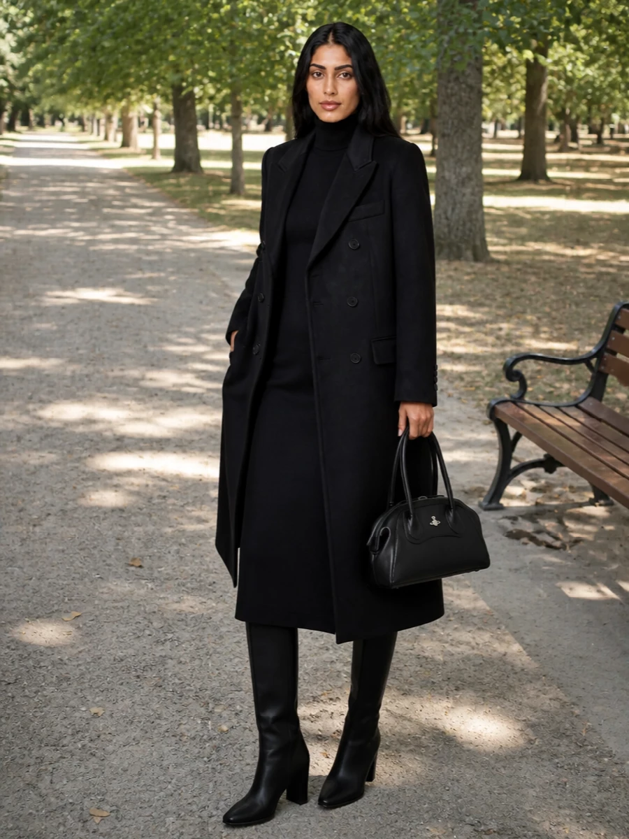 Parosh black knit midi dress wool coat outfit