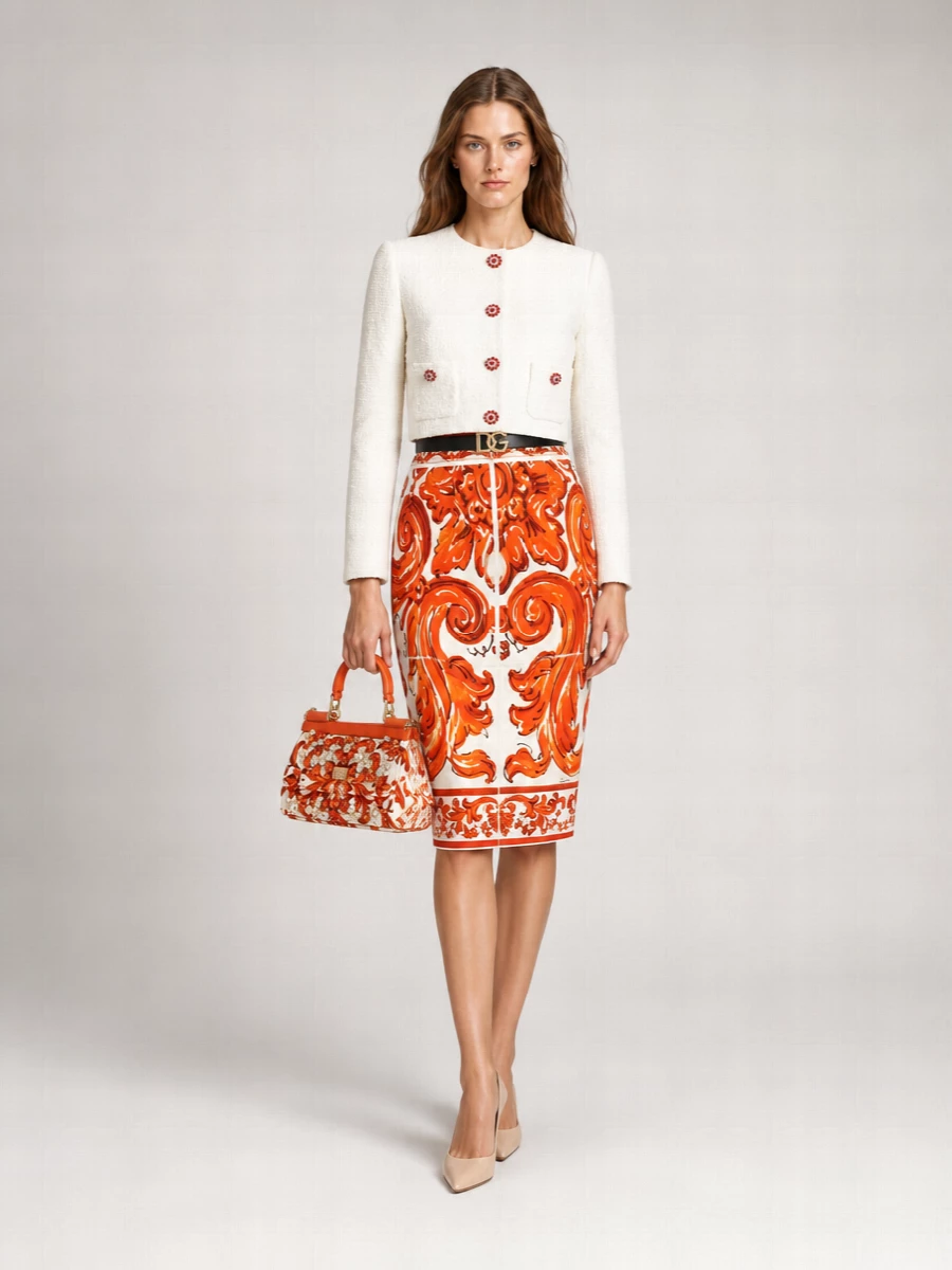 Dolce&Gabbana Silk Printed High-Rise Midi Pencil Skirt