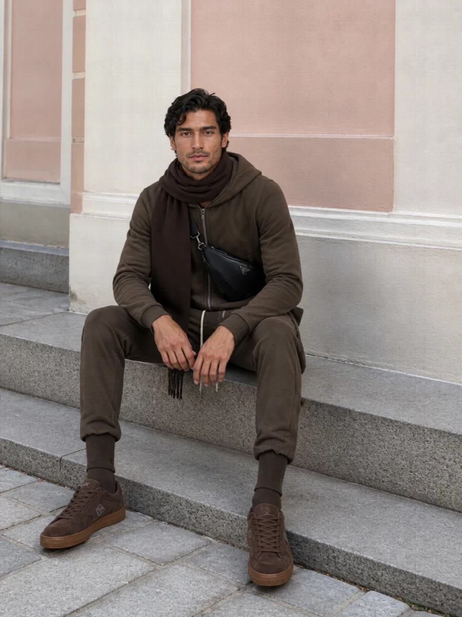 This look leans into a rich, tonal brown story: the DRKSHDW cargo joggers and mud-brown zip hoodie read like a cohesive set, with elongated drawstrings and soft fleece giving that unmistakable Rick ease. Chocolate suede Fendi sneakers and a dark Prada crossbody keep the silhouette clean and urban, while the matching brown scarf subtly elevates everything into a quietly luxurious FW uniform that still feels grounded and off-duty.