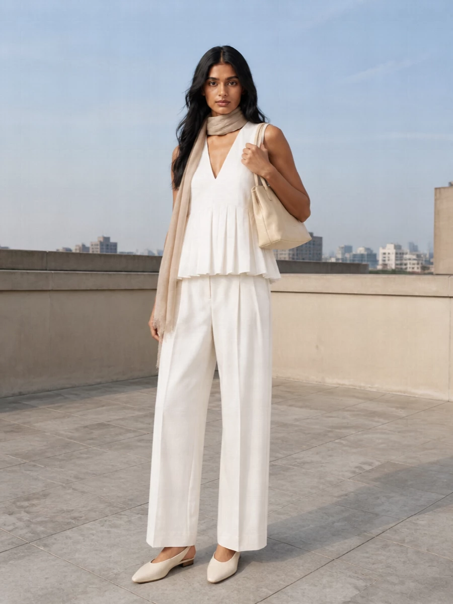 Jil sander white top ivory wide leg pants outfit