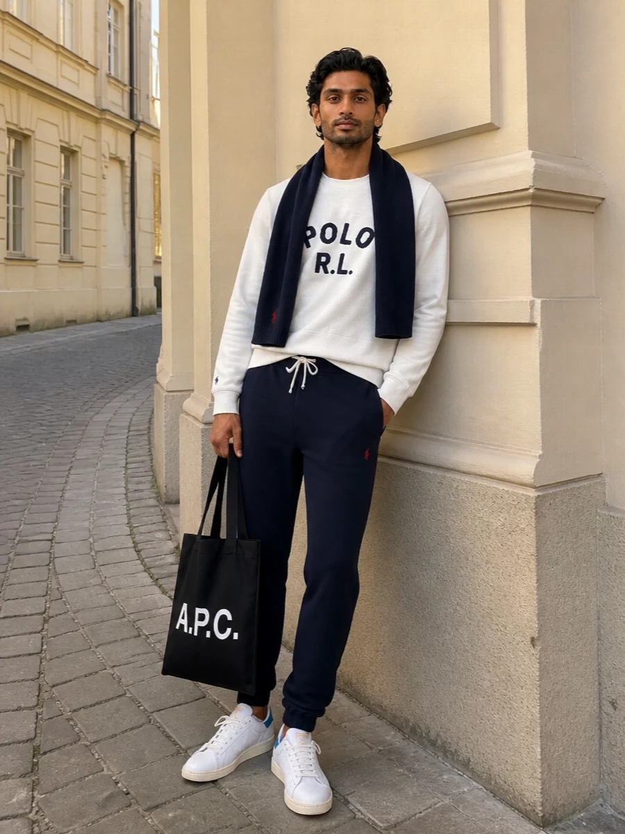 Polo sweatshirt navy joggers adidas sneakers