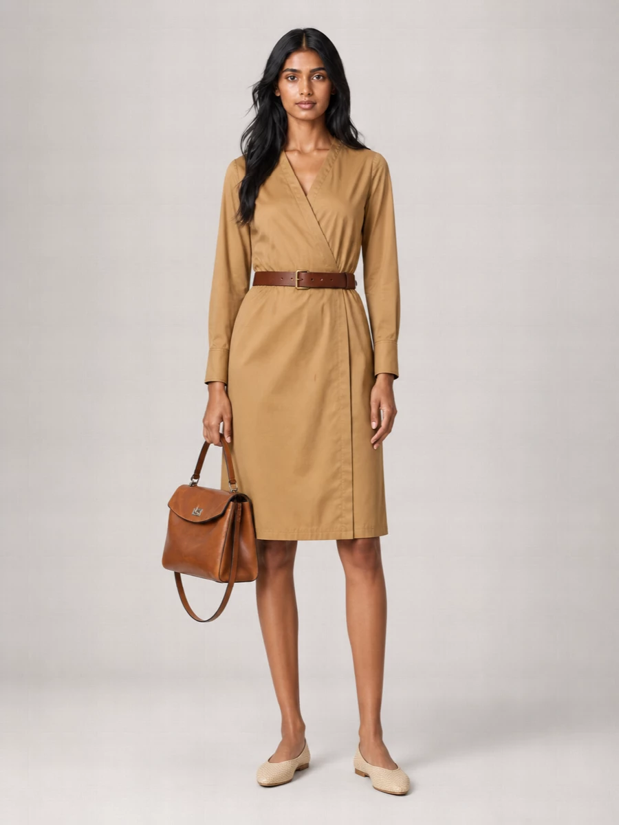 I chose the dress route here, letting a single camel wrap dress carry the same minimalist, boardroom-to-dinner energy as the structured tan bag. The soft Bottega flat in butter beige keeps the line clean and tonal, giving you a quietly polished neutral story that feels intentional but not over-styled. It is a very pulled-together city outfit that reads confident without looking stiff.