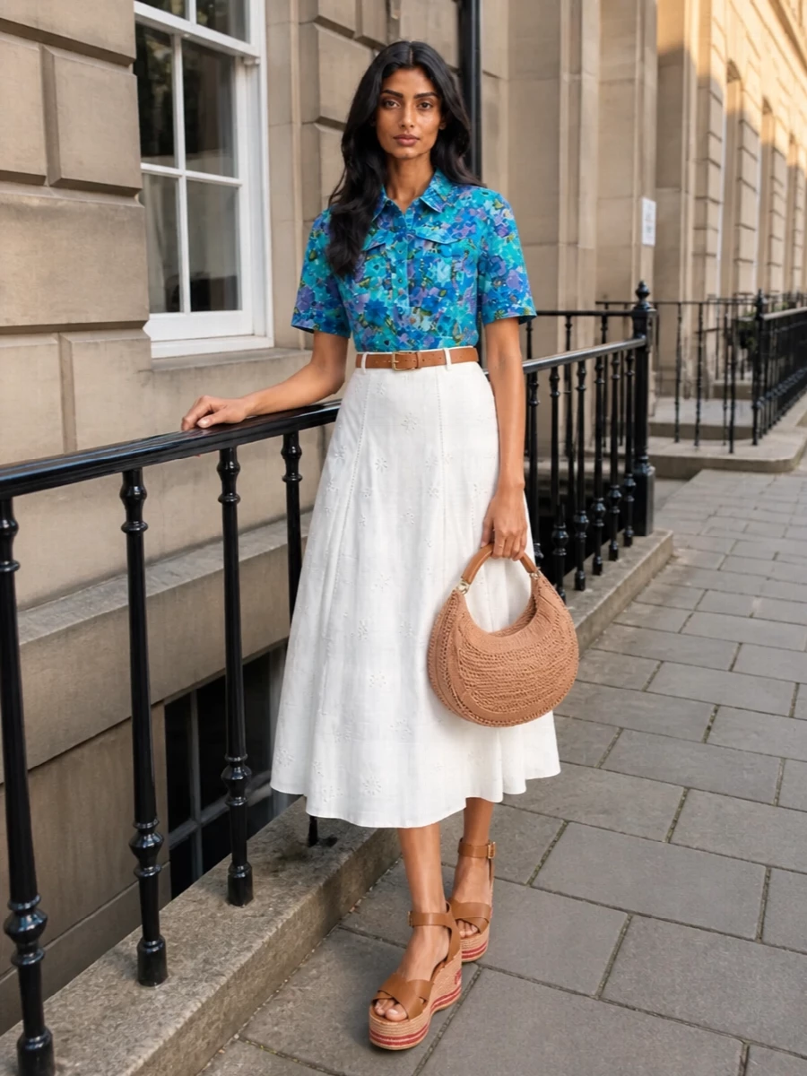 Chloe floral shirt ivory midi skirt outfit
