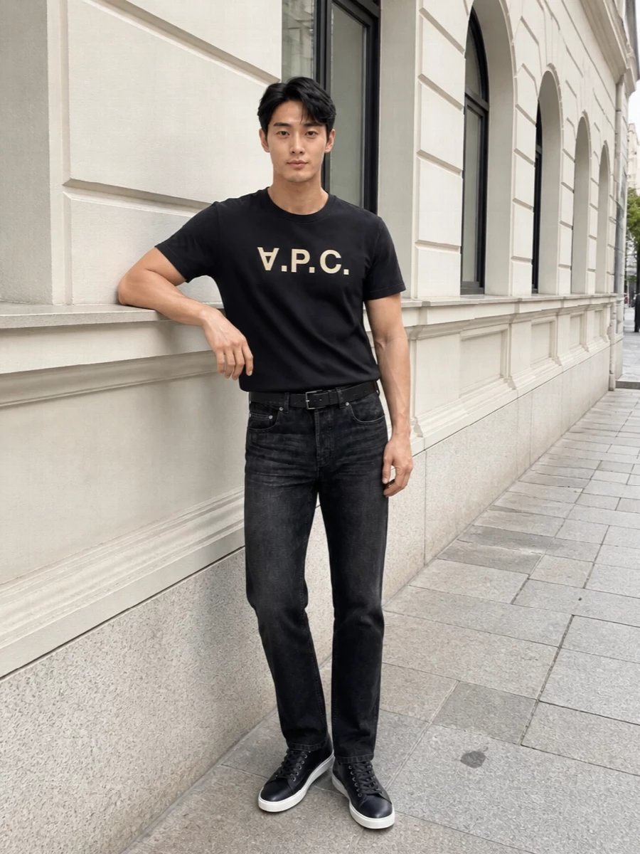 Apc logo tee black jeans lanvin sneakers