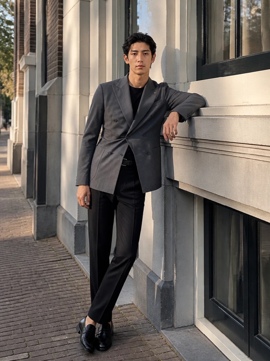 Tagliatore grey blazer black trousers loafers