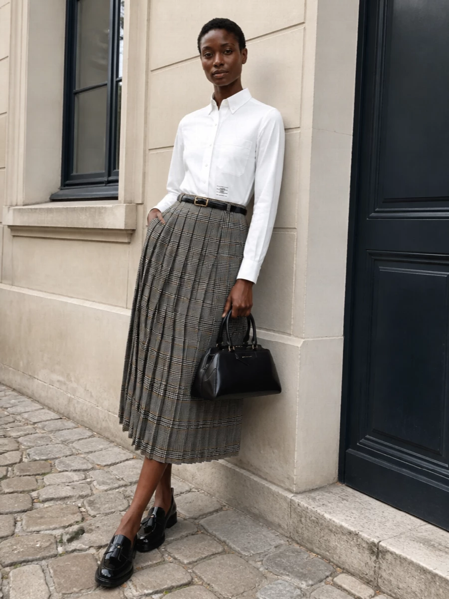This look leans into Thom Browne’s archetypal uniform: a crisp white Oxford tucked into the checked pleated midi, cinched with a fine black belt for a clean, elongated line. Glossy black loafers keep the mood collegiate yet executive, while the structured Givenchy top-handle bag adds a quietly powerful, boardroom-ready finish. The result is sharp, preppy FW tailoring that reads impeccably polished without ever feeling loud.