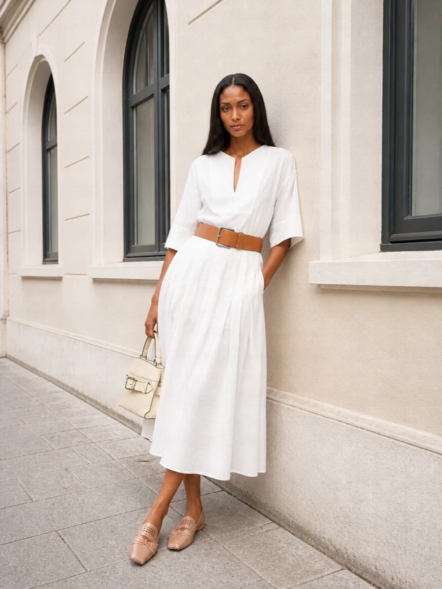 Max mara white midi skirt nude flats outfit