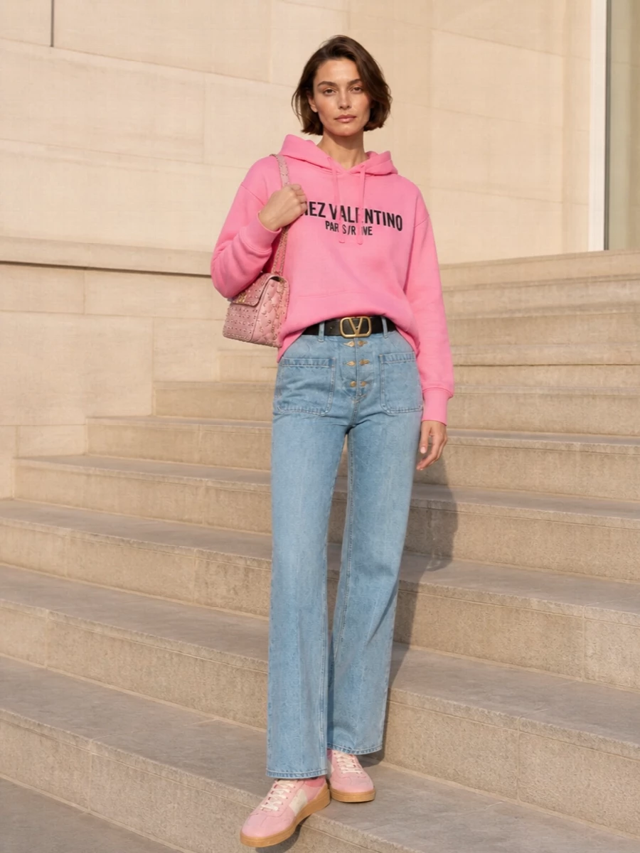 Bubblegum logo energy meets clean high-rise denim for a street-preppy take that still feels considered. Soft-pink sneakers keep the palette cohesive, while a dusty rose Rockstud bag and VLogo belt add just enough house polish. Wear it for coffee runs that turn into city afternoons without needing to change a thing.