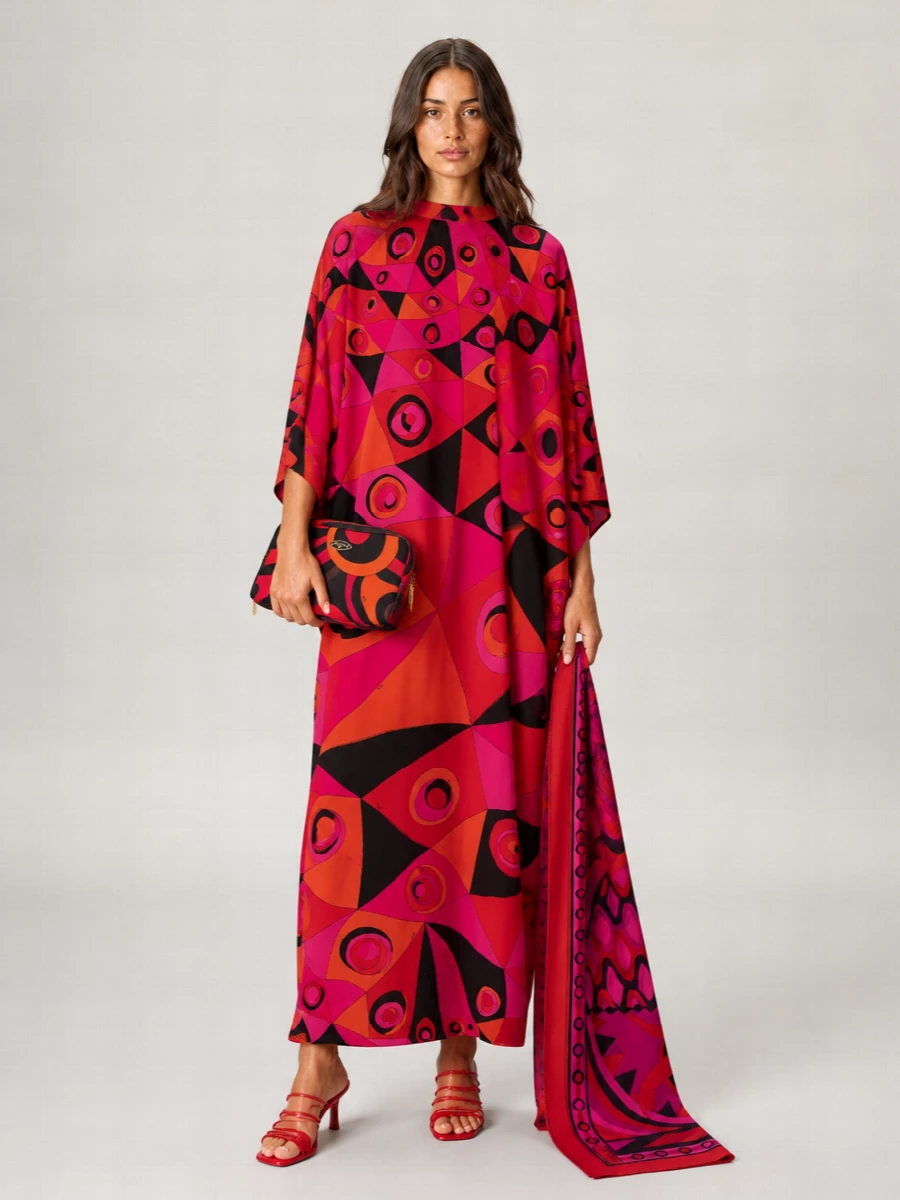 Pucci Silk Printed V-Neck Long-Sleeve Caftan Dress