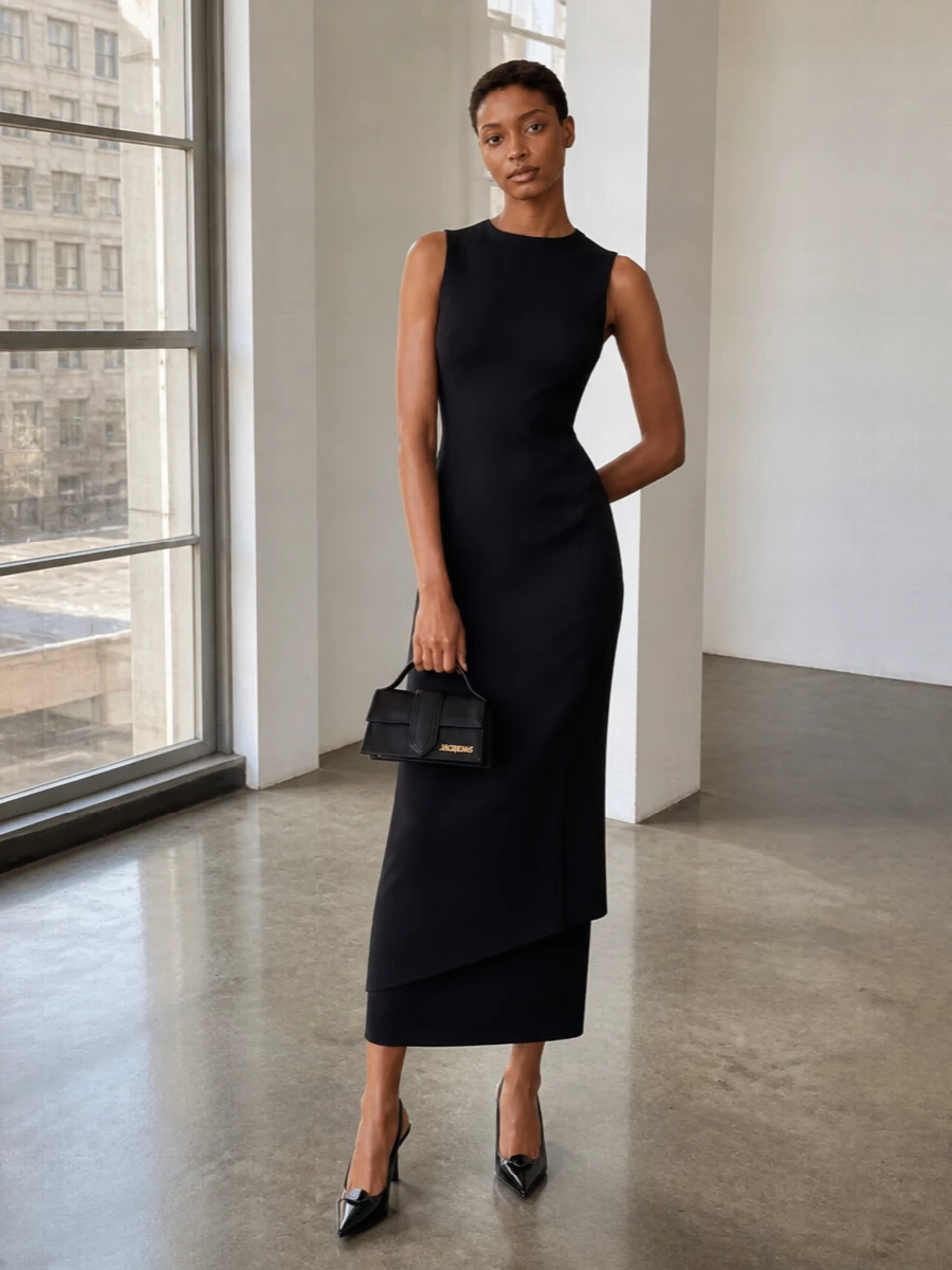 Courrèges black asymmetric midi dress with Prada heels
