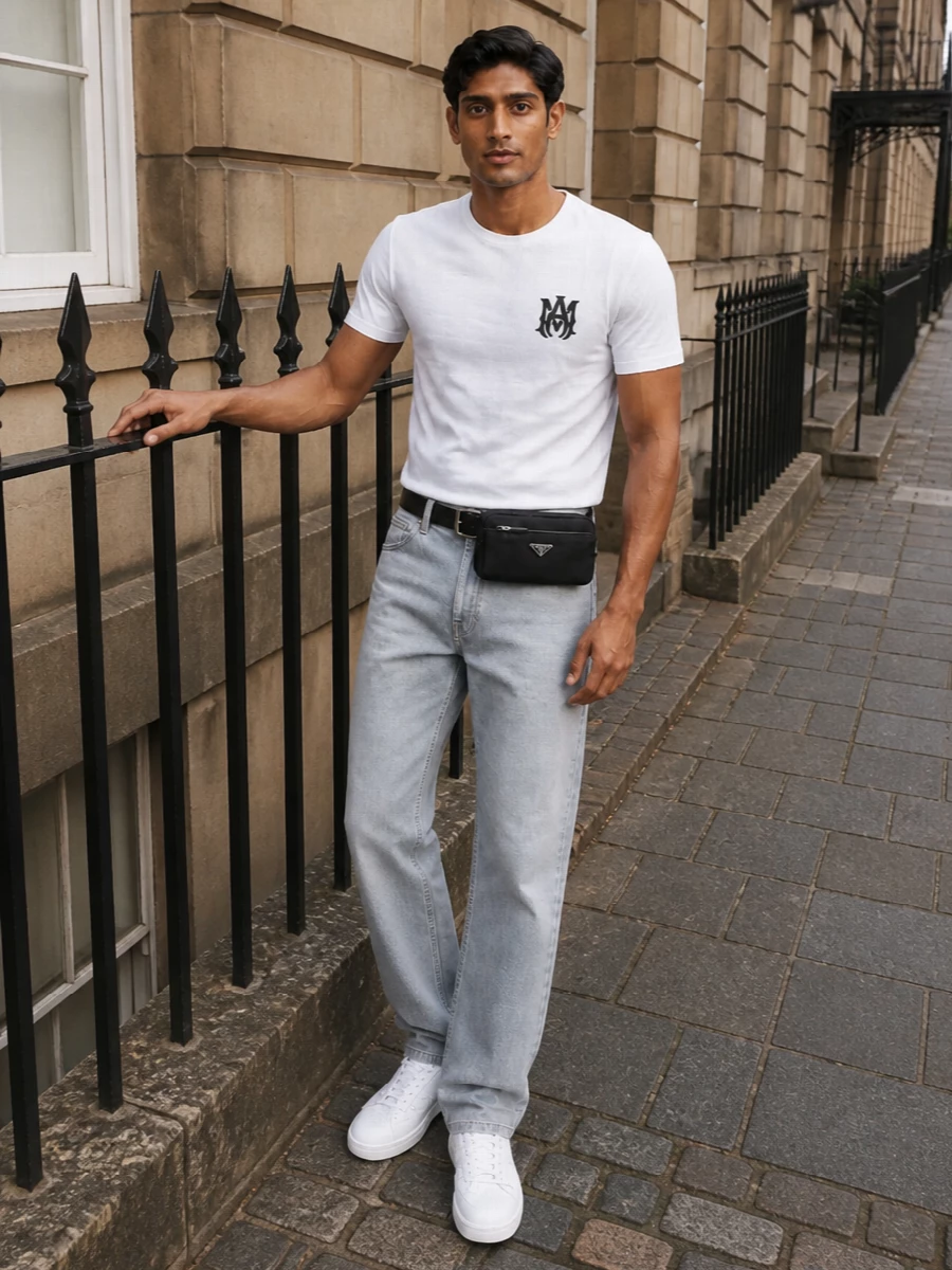 Amiri white tee grey jeans prada belt bag