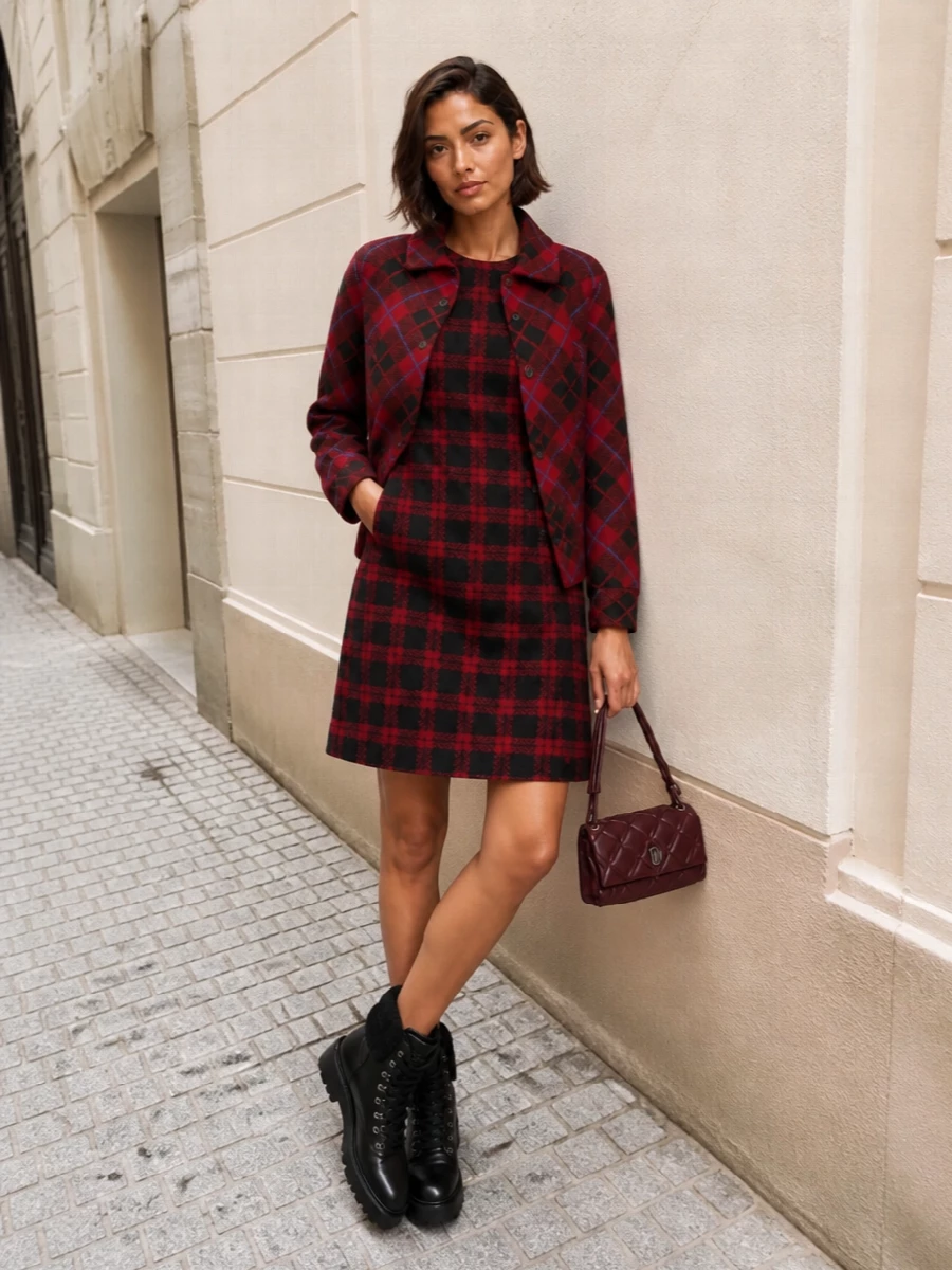 Pinko plaid dress guest in residence jacket outfit