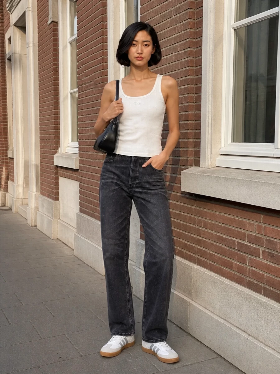 Washed charcoal denim and a crisp white tank set up a clean, low-key base with a clear streetwear slant. Neutral retro trainers keep the energy relaxed and practical, while the sculpted black shoulder bag adds a sharp Diesel accent without disturbing the minimalist lines. It is a quietly graphic, all-day city uniform that still feels considered.