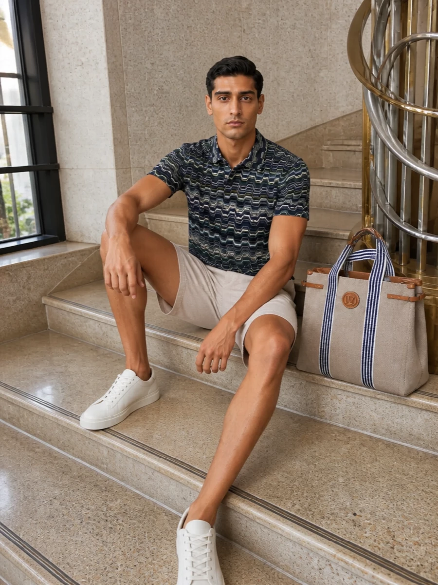Missoni’s chevron polo sits against a light-beige textured short so the pattern reads rich but controlled, not busy. Off-white Prada sneakers keep the palette soft and clean, while the structured Valentino canvas tote adds a quietly nautical note that still feels city ready. It is an easy, polished summer combination you can wear from terrace lunch to evening drinks without changing a thing beyond the setting.