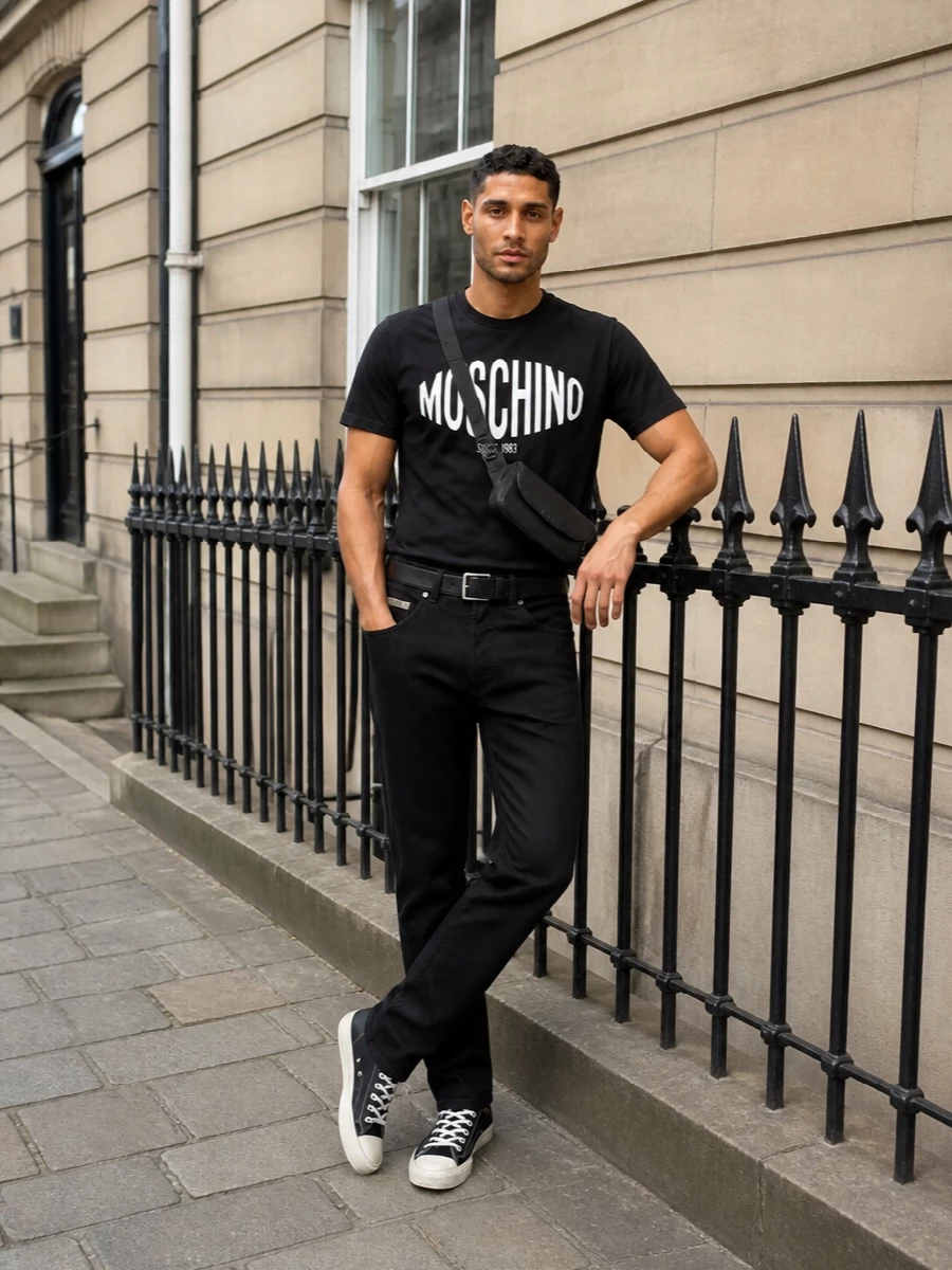 Moschino black jeans logo t shirt sneakers