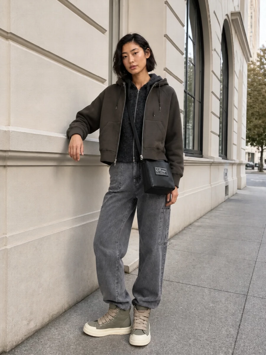 I’m keeping this as a hoodie-and-denim story rather than adding a dress, so the Sacai outerwear can read as the main cropped layer over a slightly softer knit hoodie and structured cargos. The washed grey Haikure jeans and Rick Owens boot-sneakers push it into a directional streetwear lane without losing practicality, while the compact MM6 crossbody keeps everything streamlined and hands free. The result is a monochrome, utility-leaning city uniform that feels engineered but easy.