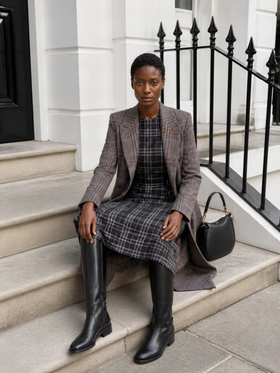 Etro coat burberry plaid midi dress boots