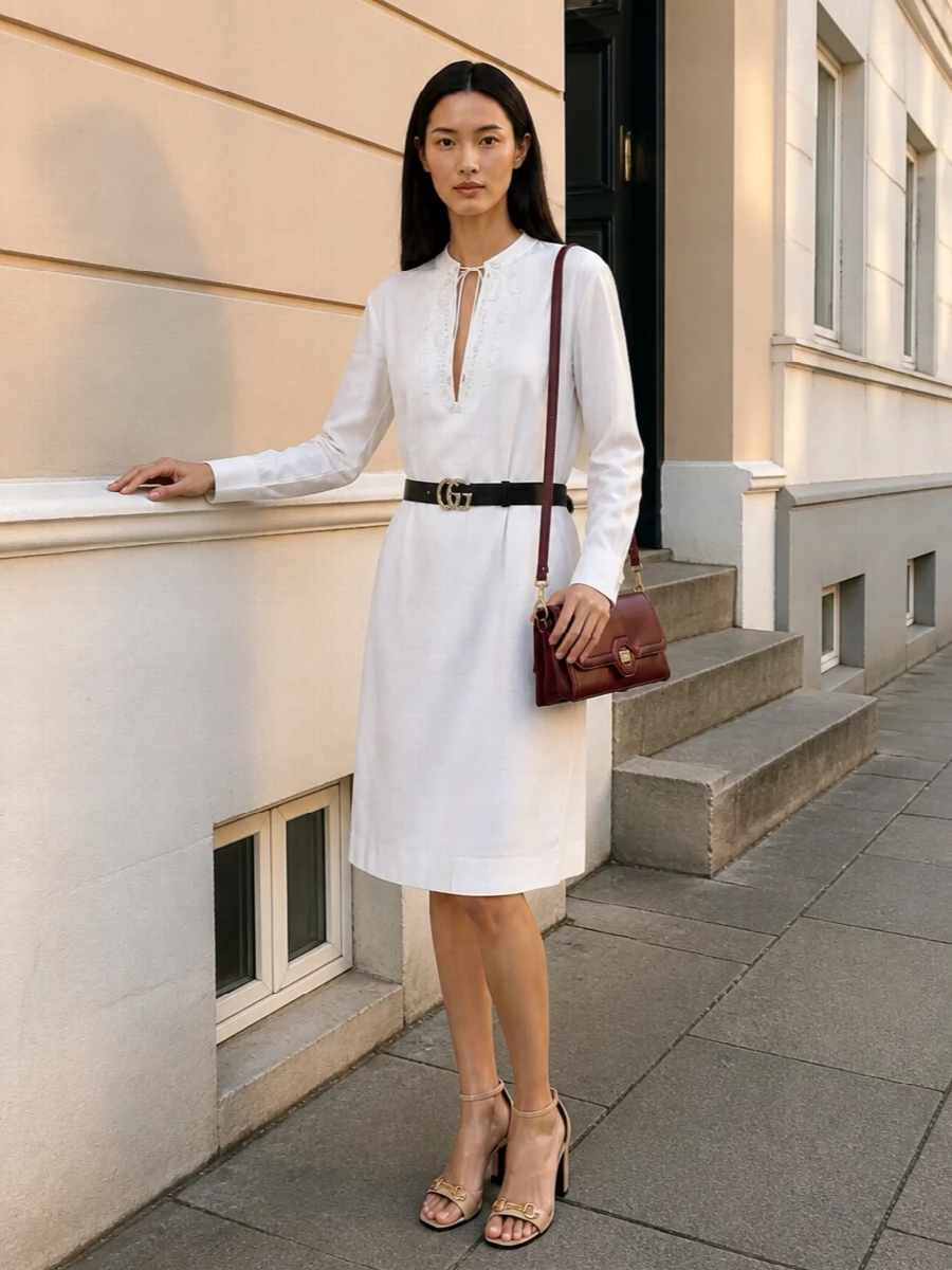 Gucci white shift dress burgundy accessories