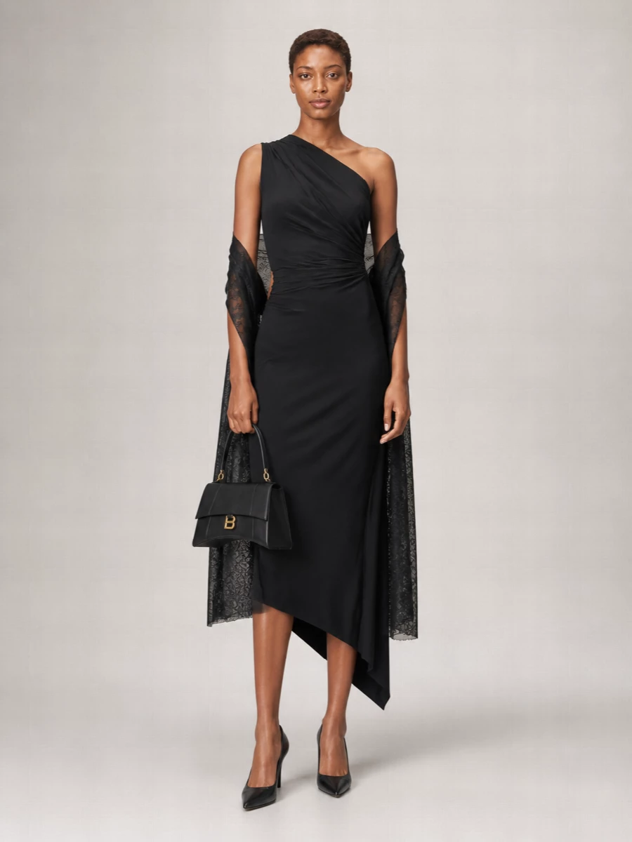 Balenciaga Draped Asymmetric Sleeveless Knee-Length Dress