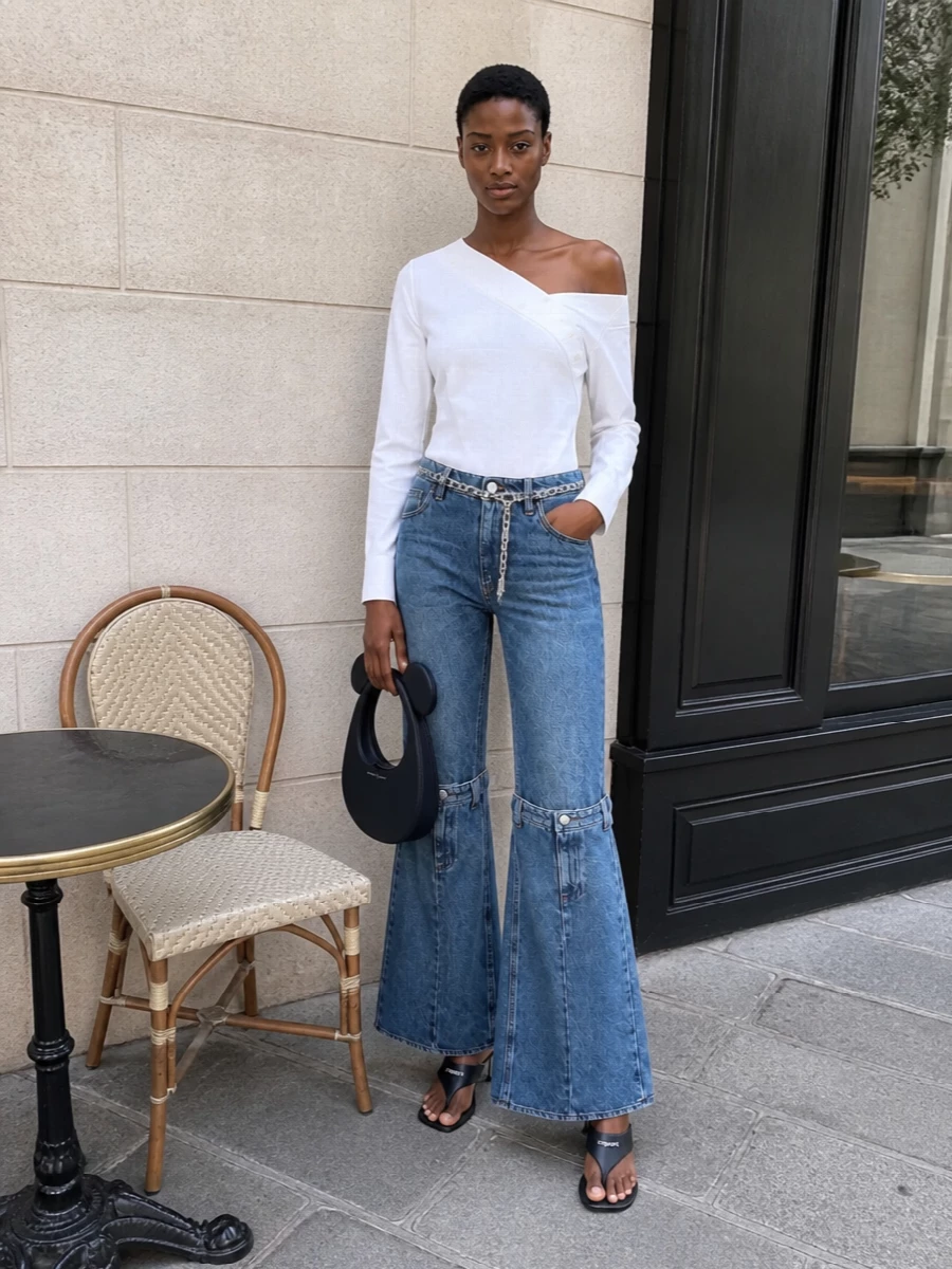 Coperni wide leg jeans asymmetric shirt heels