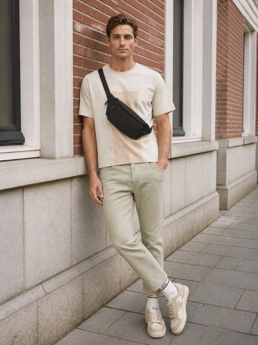 Golden goose neutral tee khaki jeans gucci bag
