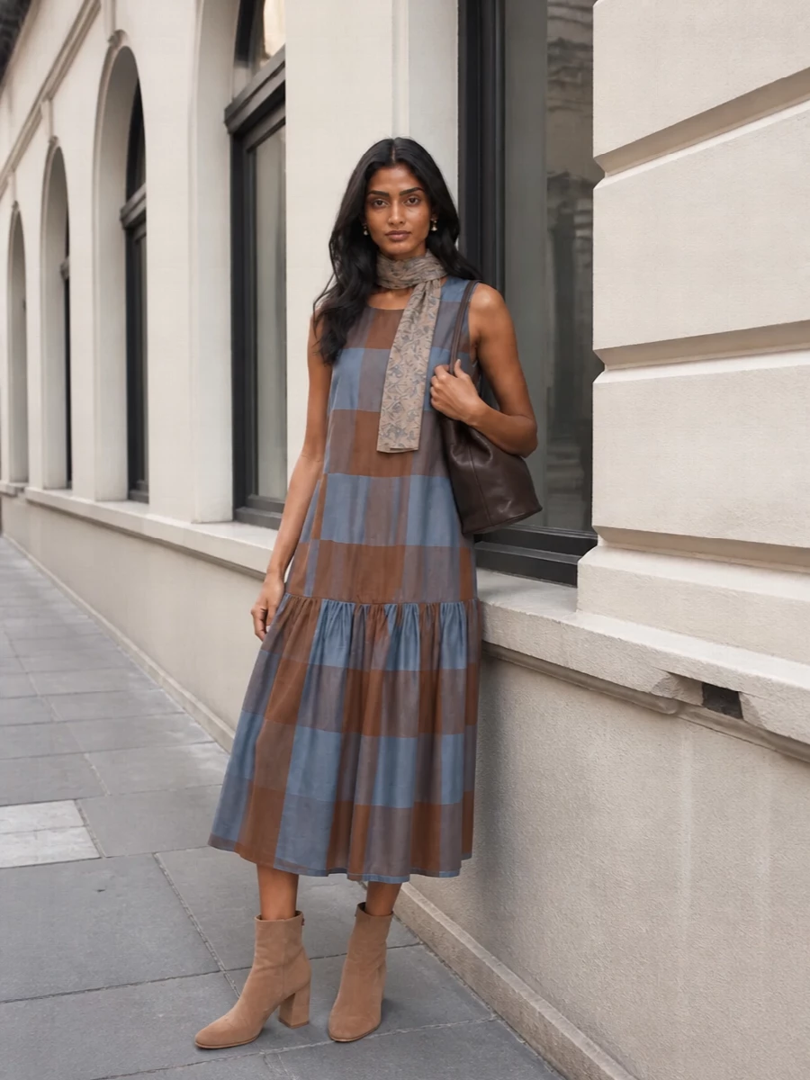 Camel suede boots and a deep chocolate bucket bag ground the checked midi in warm, autumnal tones that feel soft but intentional. Pearl-drop studs and a gauzy sand and slate scarf add just enough polish and romance, keeping the whole outfit relaxed, poetic and ready for city days or studio time alike.