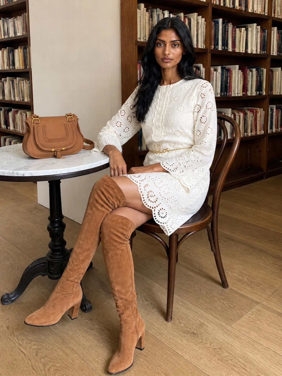 Chloe ivory broderie dress camel suede boots