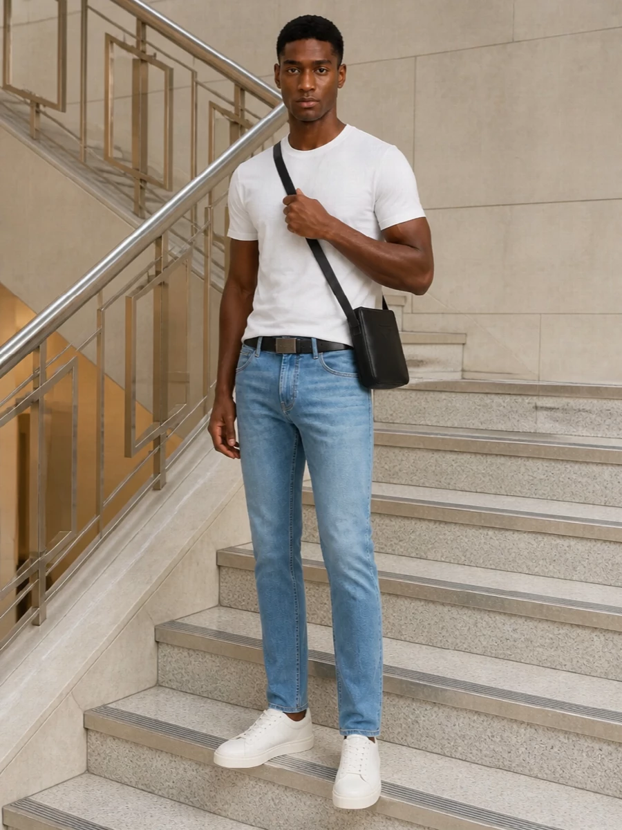 Emporio armani light jeans white tee outfit