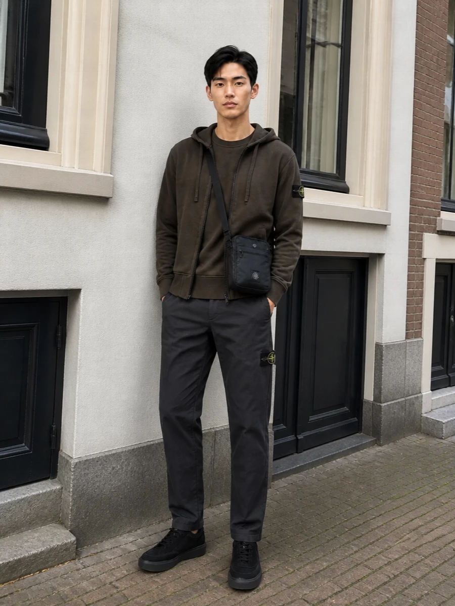 Stone island brown hoodie chinos outfit