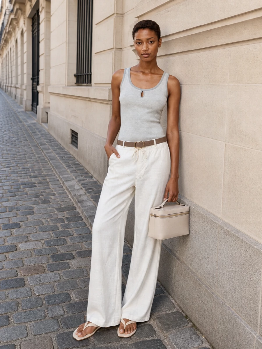 Victoria beckham ivory wide leg trousers outfit
