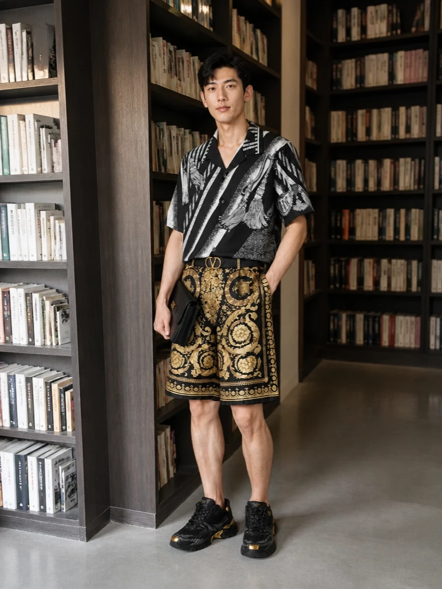 Versace baroque shorts black camp shirt sneakers
