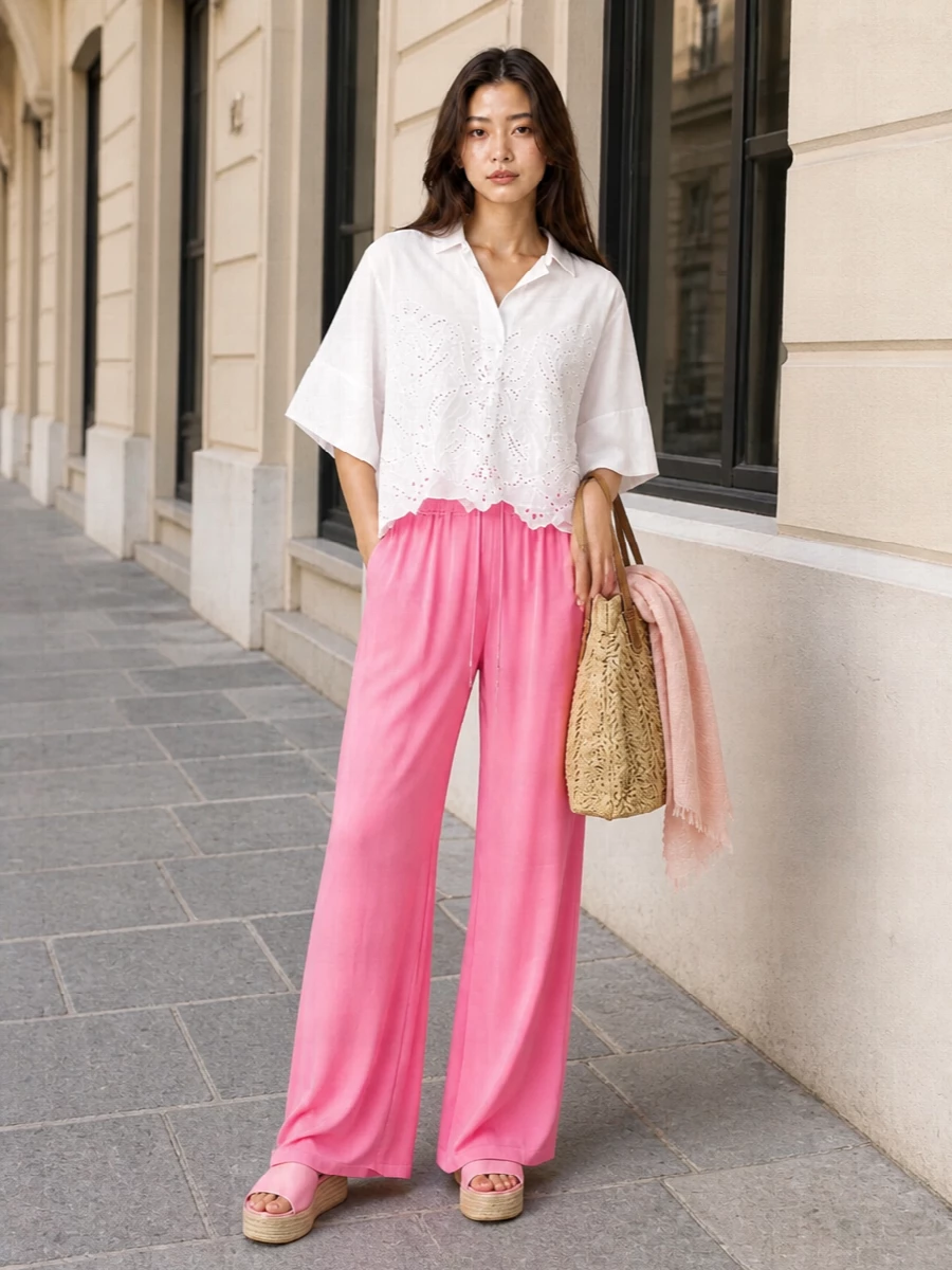 Ermanno firenze pink wide leg trousers outfit
