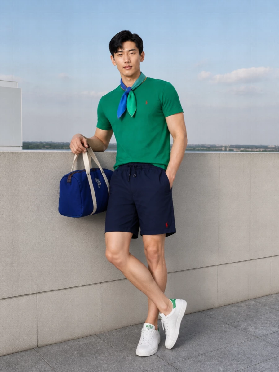 Polo ralph lauren green tee navy shorts outfit