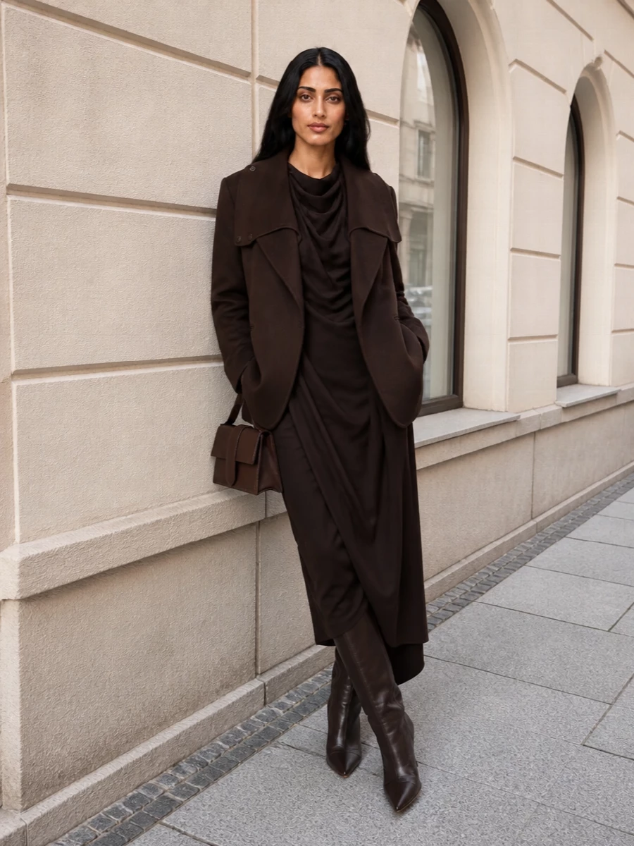 Sportmax brown blazer espresso column dress outfit