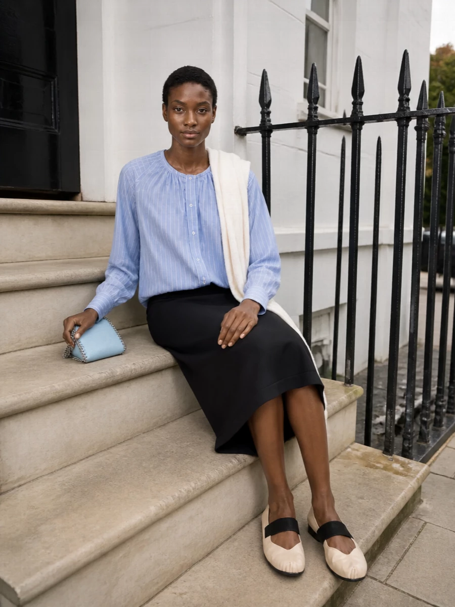 Alexander wang striped shirt black midi skirt outfit